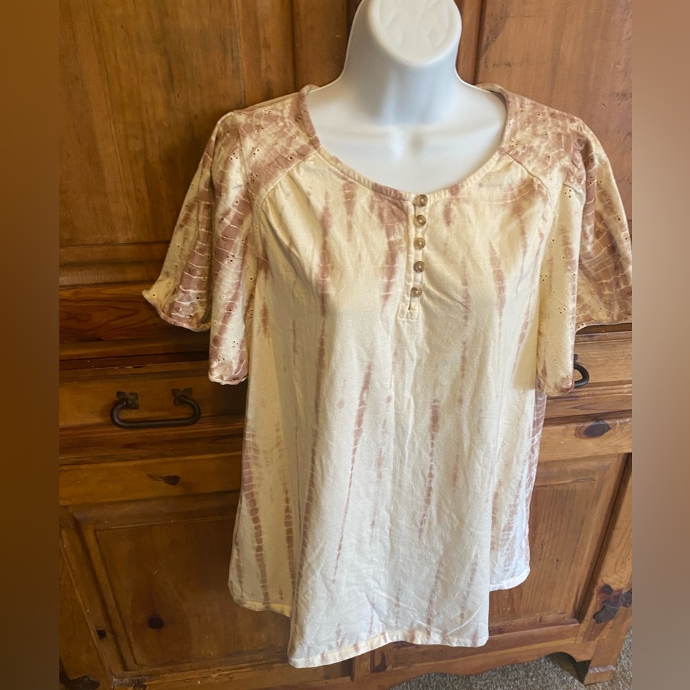 Lane Bryant tie-dye eyelet short sleeve top cream brown 18/20
